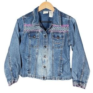 Rocawear Denim Jacket Embroidered Pink Blue White Flame Logo Sz L‎ 12/14 Vtg 90s